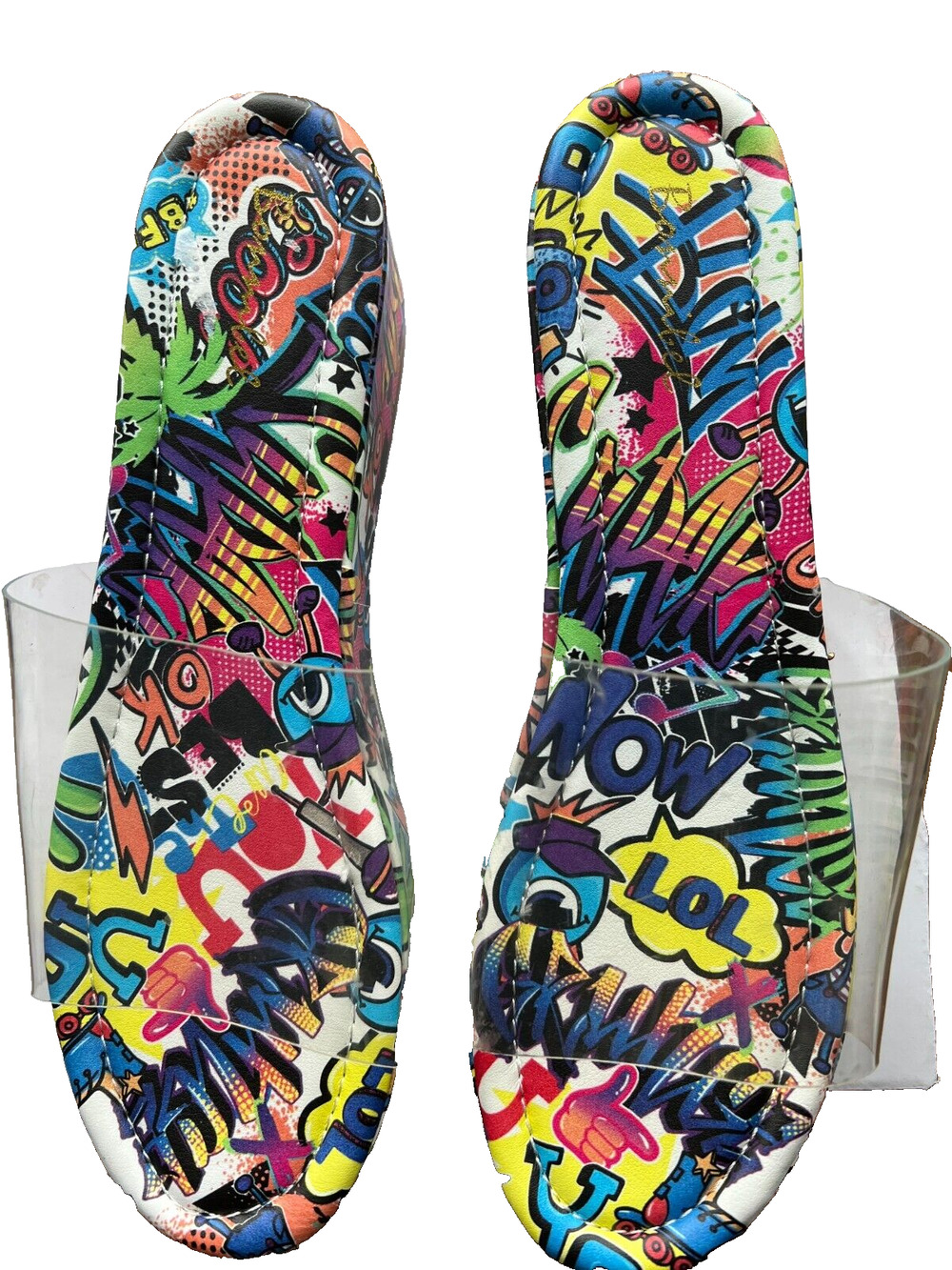 Colorful Street Art Graffiti Sandals Clear Straps ,Chunky Platform Heel Size 10